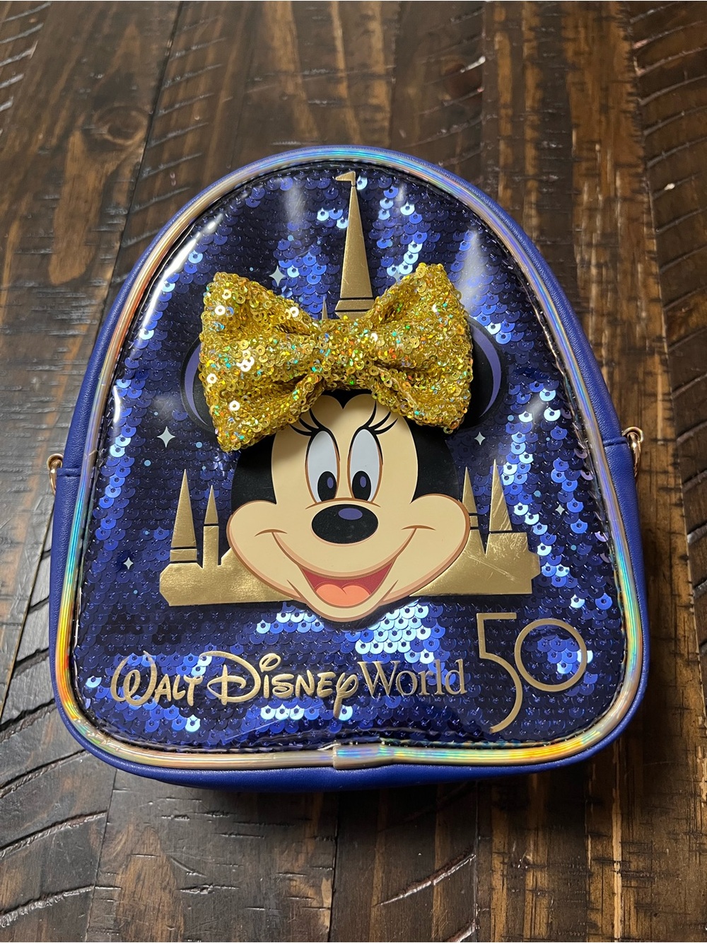 Disney Sequin Minnie Backpack - Blue with Gold Bow